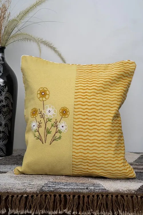 Craftroots Pastel Yellow Aari Floral Embroidered Cushion Cover Set Of 2