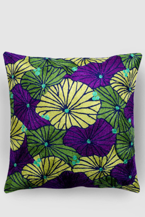 Zaina By Ctok "Fronds Chainstitch Embroidered Cushion Cover - Blue, Purple And Green"