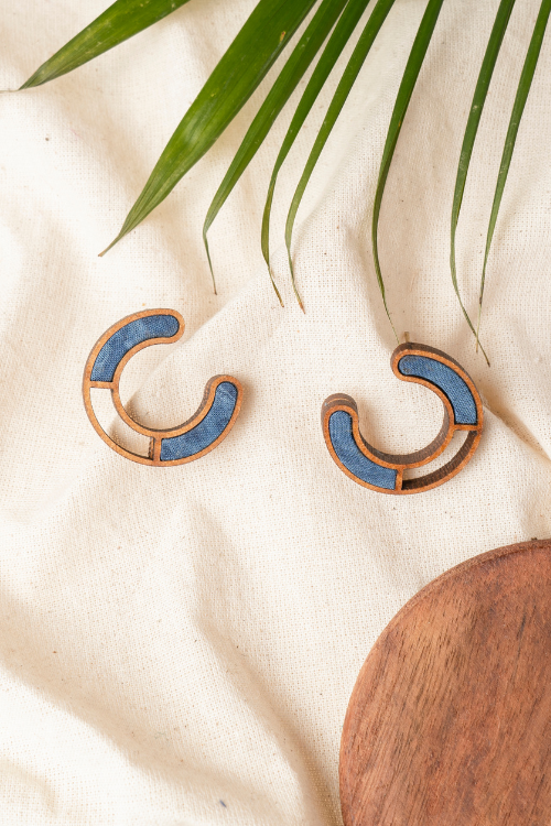 Whe Blue Compassion Upcycled Fabric Wood Earring