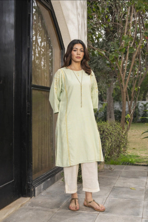 Rangsutra Suhani Mint A-Line Cotton Kurta With Soof Hand Embroidery