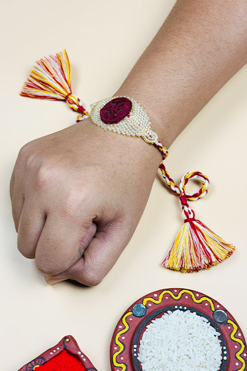 Antarang  (Set Of 2) Beaded Elegance Rakhi, 100% Cotton, Bhai Rakhi. Marron-Golden. Made By Divyang Rural Women