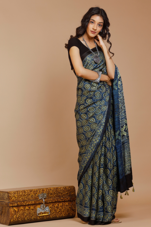 Tenaaro Ajrakh Hand Block Printed   Modal Saree (Nevyblue-2)