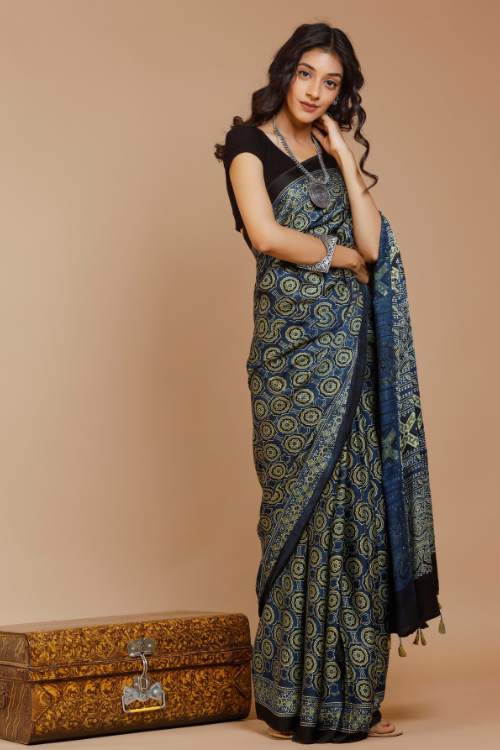 Tenaaro Ajrakh Hand Block Printed Modal Saree (Nevyblue-2)