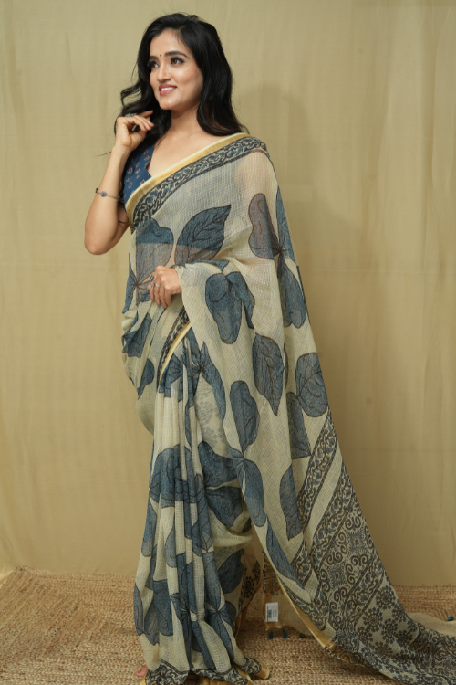 Ajrakh Print White And Blue Kota Saree | Jabbar Khatri