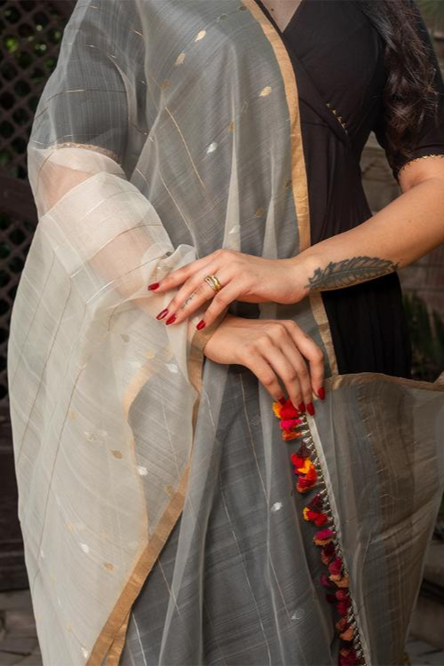 Craftroots Multi-Colour Tassels Organza Silk Dupatta
