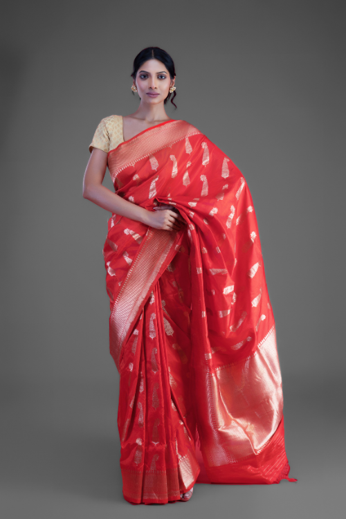 "VWAS" Red Handloom Banarasi Pure katan Silk Cutwork Boota saree