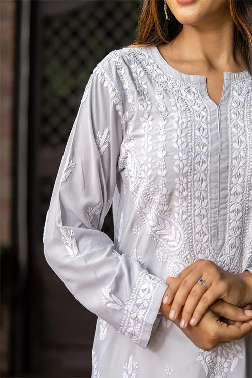 Craftroots Modal Grey Chikankari Kurta