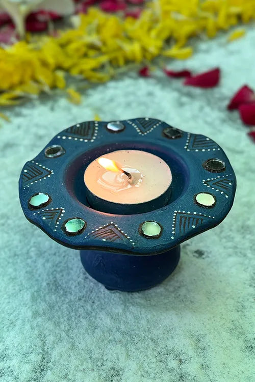 Antarang: Terracotta- Handpainted - Blue Flower Diya Set Of 6