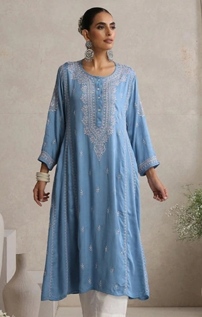 Shwet Hand Embroidered Chikankari Blue Modal Satin Kurta