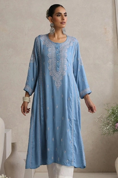 Shwet Hand Embroidered Chikankari Blue Modal Satin Kurta
