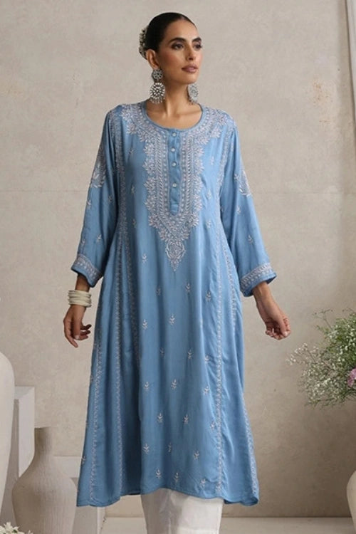 Shwet Hand Embroidered Chikankari Blue Modal Satin Kurta