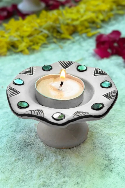 Antarang: Terracotta- Handpainted - White Flower Diya Set Of 6