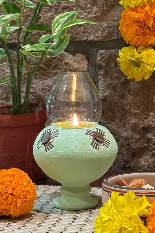 Antarang- Traditional Oil Lamps- Akhand Diyas- Green(Set Of 2)