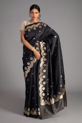 Black Handloom Banarasi Pure Katan Silk  Kadwa Saree