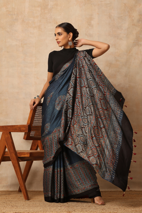 Tenaaro Ajrakh Hand Block Printed  Modal Satin Saree (Indigo Blue-14)