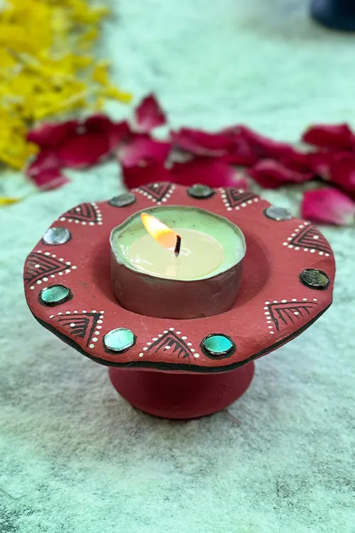 Antarang: Terracotta- Handpainted - Red Flower Diya Set Of 6