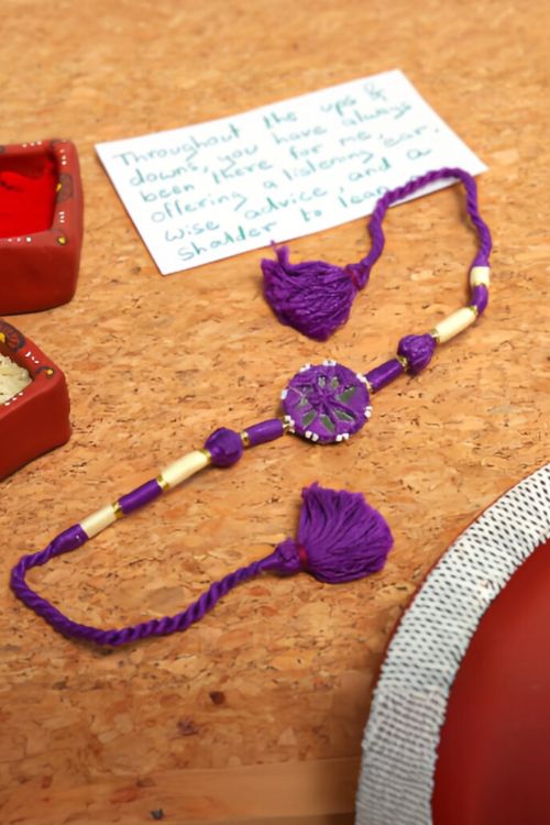 Antarang- Patwa Mirror Work, 100% Cotton, Bhai Rakhi Set. Purple- Yellow Ocher Made By Divyang Rural Women.