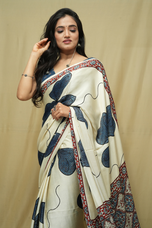 White Modal Ajrakh Print Saree | Jabbar Khatri