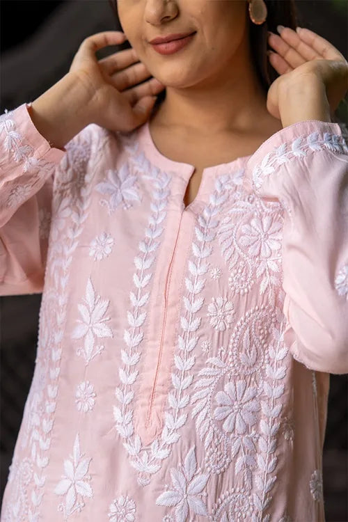 Craftroots Light Pink Chikankari Long Kurta