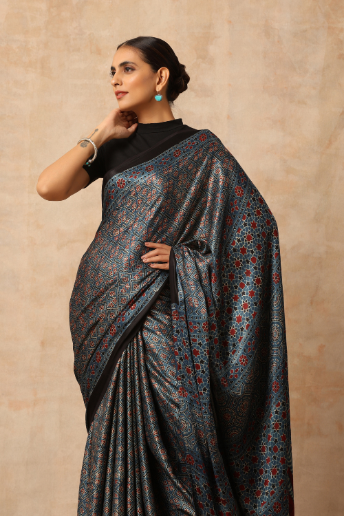 Tenaaro Ajrakh Hand Block Printed  Modal Sik Saree (Indigo Blue-13)