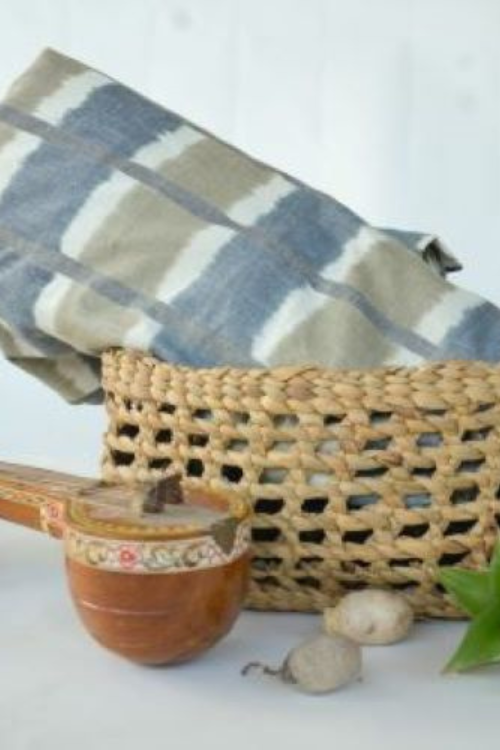Safe Dye Ikat Cotton Fabric - Grayish Blue , Gray Green With Natural Cora White