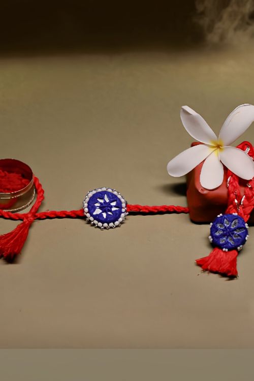 Antarang  (Set Of 2)  Mirror Work, 100% Cotton, Kajal Bhai Rakhi. Blue-Red. Made By Divyang Rural Women