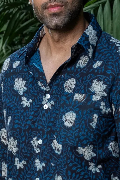 Craftroots Blue Bagru Block Print Shirt