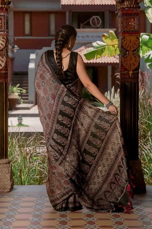 Craftroots Ajrakh Saree With Badla Work With Tassels