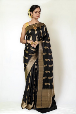 Black Handloom Banarasi Pure Katan Silk Cutwork Boota Saree