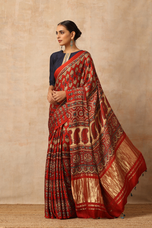 Tenaaro  Ajrakh Hand Block Printed Modal Tissue Pallu Saree (Red-5)