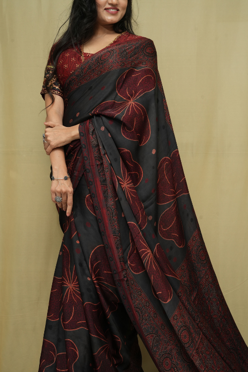 Ajrakh Print Modal Tissue Pallu Saree | Jabbar Khatri
