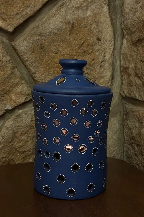 Antarang - Terracotta- Handpainted-Blue-Jar Diya