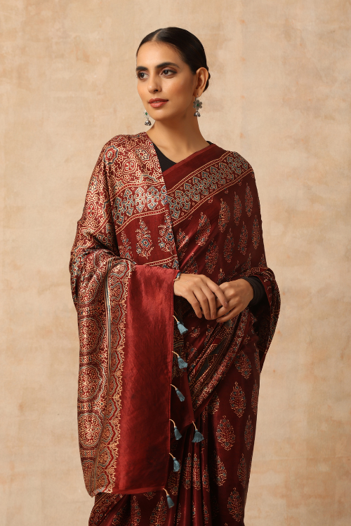 Tenaaro Ajrakh Hand Block Printed  Modal Sik Saree (Brown-19)