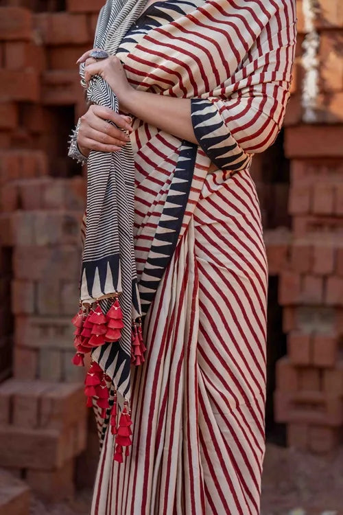 Craftroots Modal Saree With Block Print and Tassels