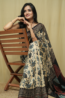 Ajrakh Handblock Print Tissue Pallu Saree | Jabbar Khatri