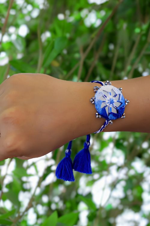Antarang  (Set Of 2) Mirror Work, 100% Cotton, Shaded Blue Kanaaha Bhai Rakhi. Made By Divyang Rural Women
