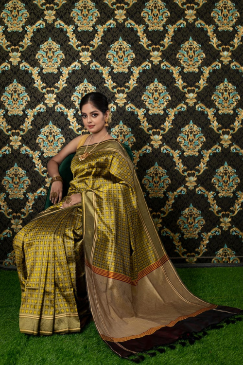 "VWAS" Brown Green Handloom Banarasi Pure Katan Silk Tanchoi Saree