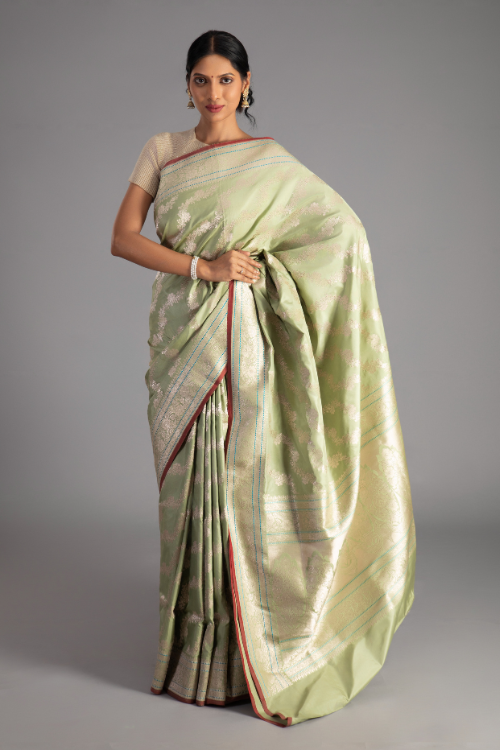 Green Handloom Banarasi Pure Katan Silk Kadwa Aara  Saree