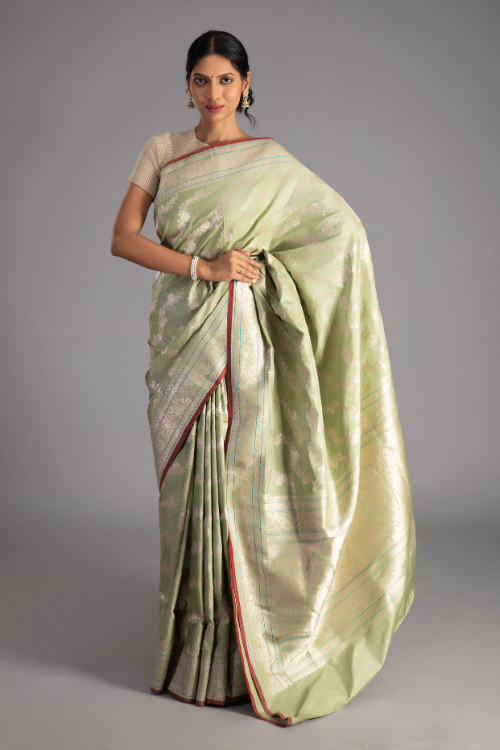 "VWAS" Green Handloom Banarasi Pure Katan Silk Kadwa Aara  Saree