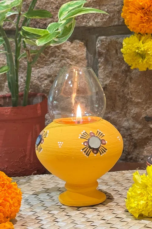 Antarang- Traditional Oil Lamps- Akhand Diyas- Yellow(Set Of 2)