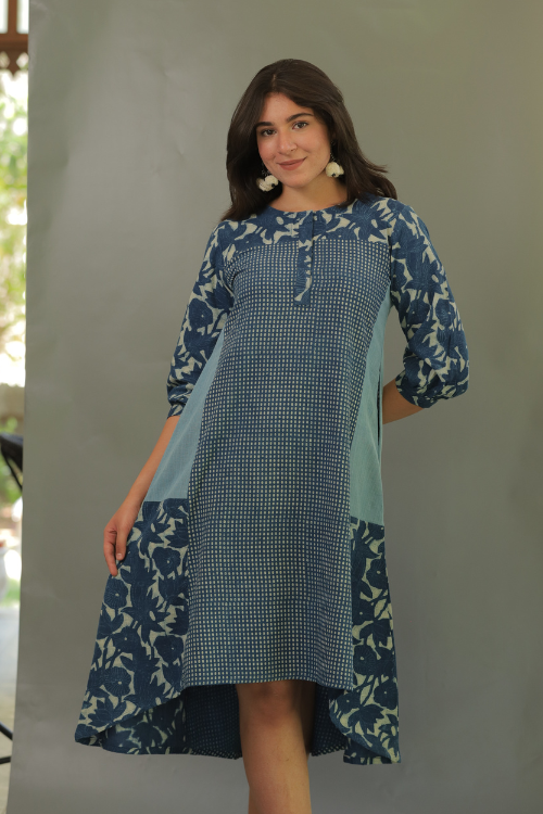Moralfibre 3/4Th Sleeves Multi Print Natural Indigo Dress For Women Online 