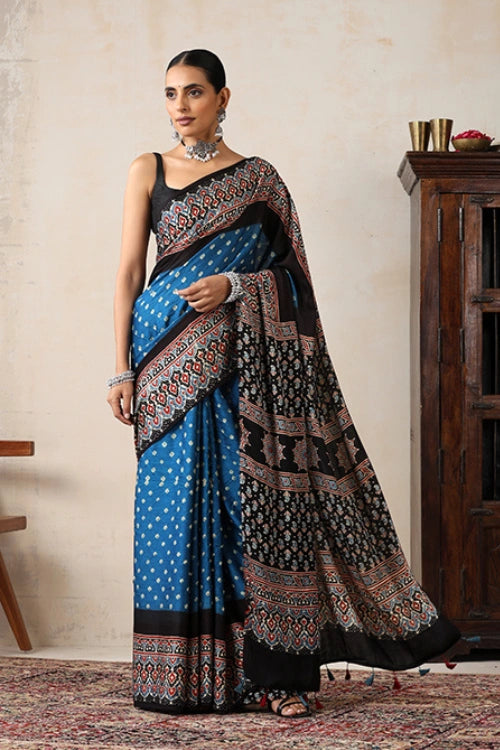 Jahangir Khatri - Black & Sky Blue Ajrakh & Bandhani Modal Saree