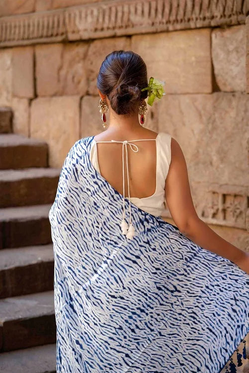 Craftroots Blue Shibori Modal Saree With Handmade Tassels