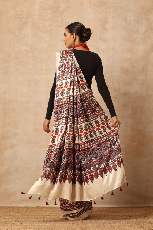 Tenaaro Ajrakh Hand Block Printed  Modal Sik Saree  (Offwhite-17)