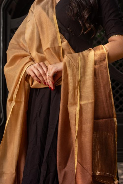Craftroots Cream-Brown Tie-Dye Chanderi Silk Dupatta