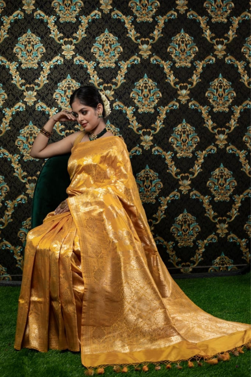 "VWAS" Yellow Handloom Banarasi Pure Katan Silk Cutwork Jaal  Saree