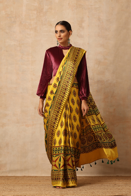 Riyaz Khatri Traditional Ajrakh Hand Block Printed And Natural Dye Modal Silk Saree With Beautiful Tassels - Yellow