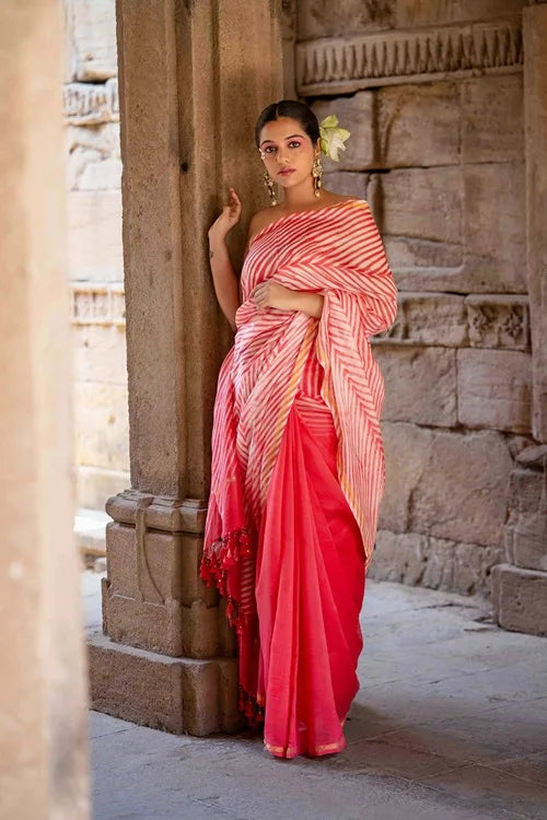 Craftroots Laheriya Chanderi Pink Saree