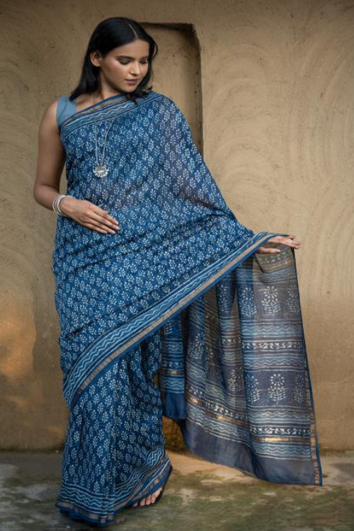 TICH Dabu Hand Block Printed Chanderi Saree - Blue Flora