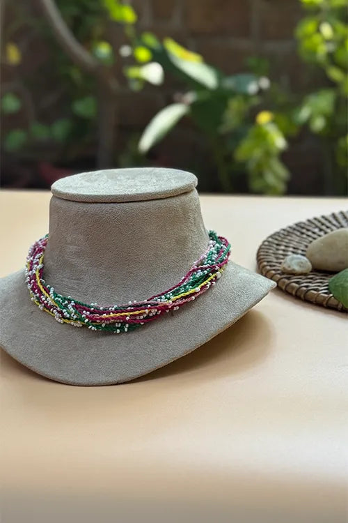 Antarang- Sakhi Navrang Neckpiece- [Yellow,Pink,Green]- Threads & Beads